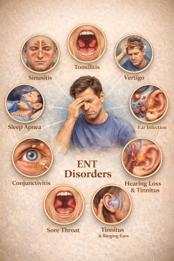 ENT disorders illustration showing sinus, ear and throat conditions