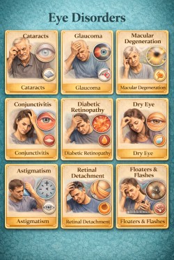 Eye disorders illustration showing dry eyes and vision problems