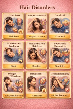 Hair disorders illustration showing hair fall, premature greying of hair conditions