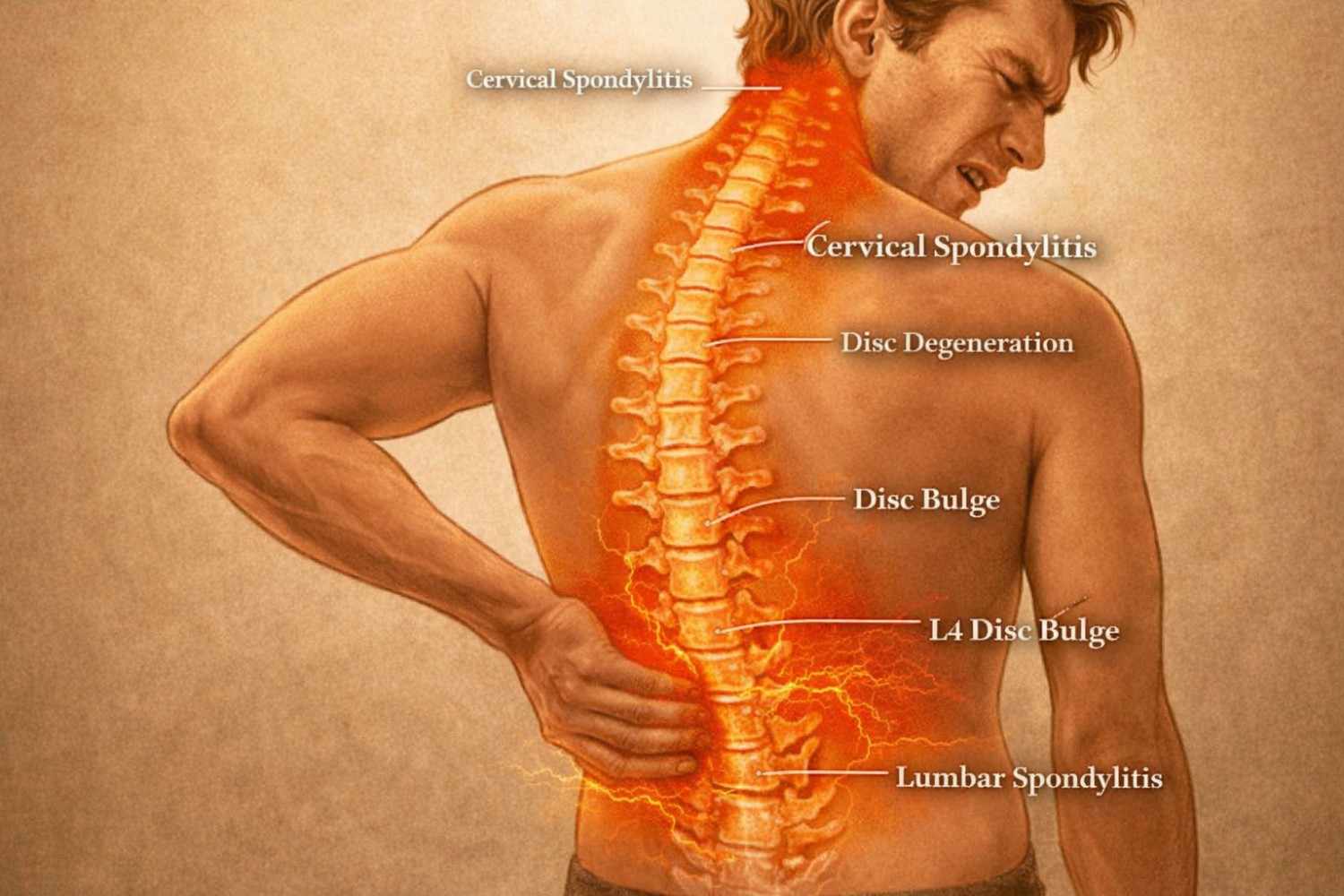 Spine disorders showing cervical and lumbar spine involvement with disc degeneration and disc bulge