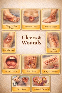  illustration showing varicose ulcers, diabetic ulcers
