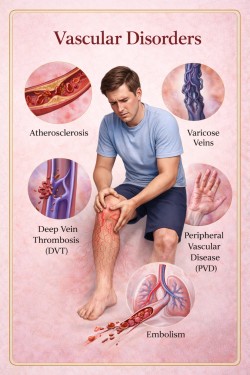 Vascular disorders illustration showing varicose veins, atheroscleorosis conditions