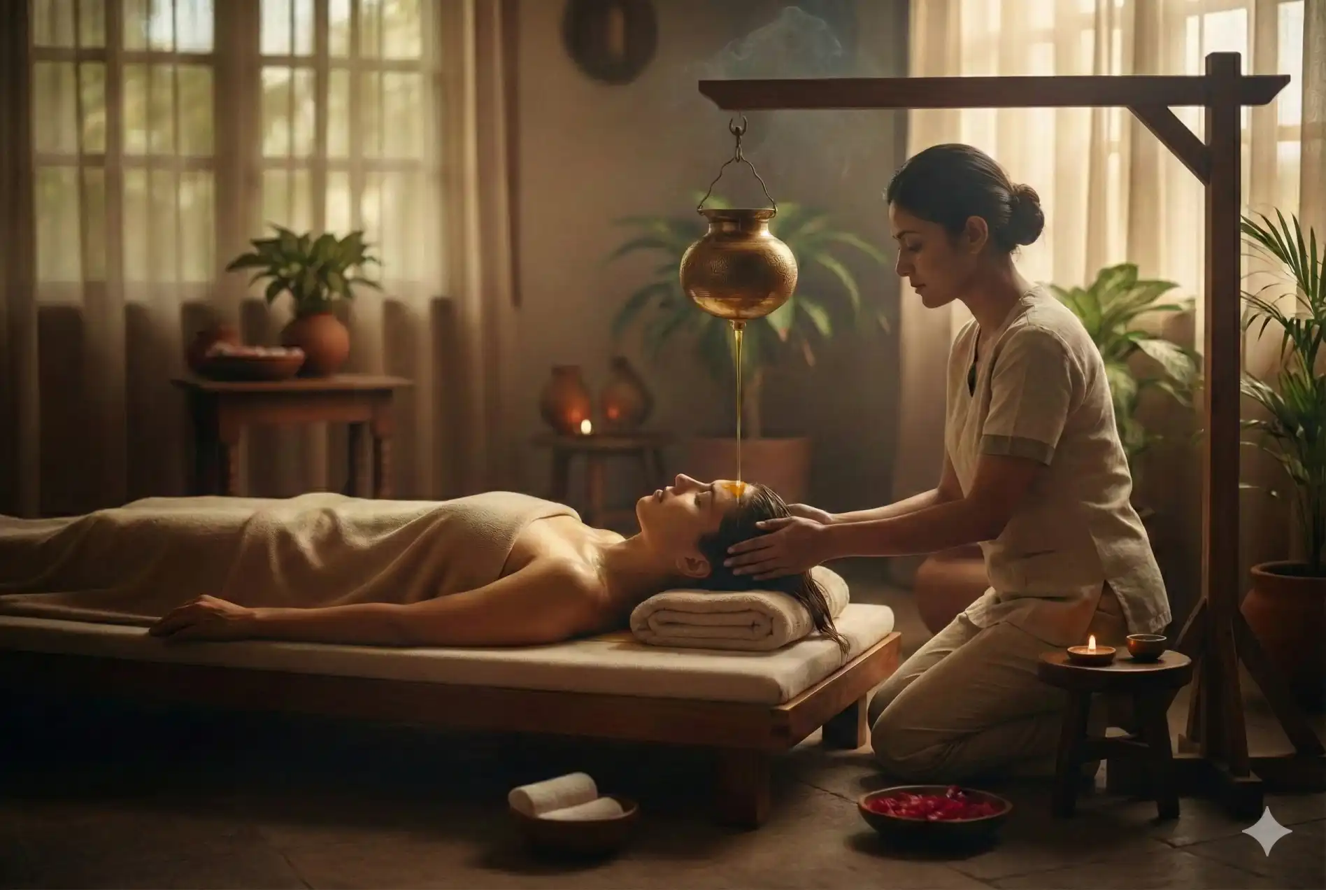 Shirodhara Ayurvedic oil therapy for stress, insomnia and nervous system disorders